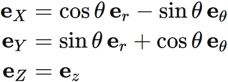 円柱座標系の基底ベクトルとデカルト座標系の基底ベクトルの対応